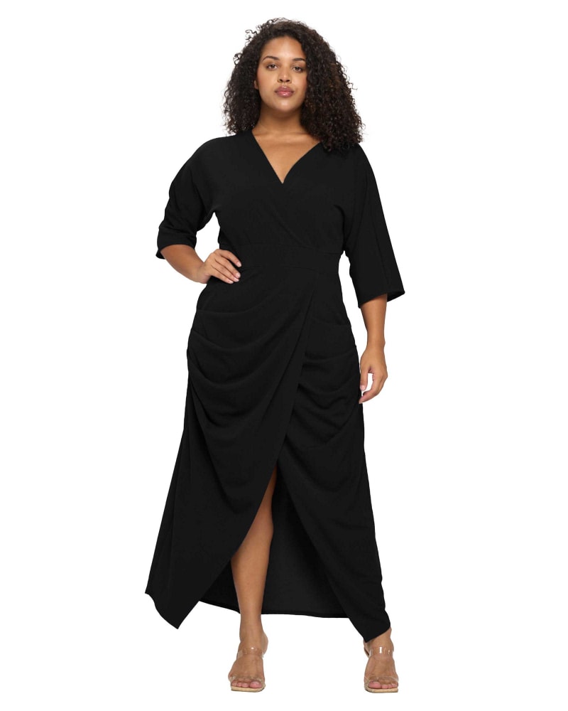 Front of a model wearing a size 2X Juliette Wrap Maxi Dress in Black by L I V D. | dia_product_style_image_id:363638